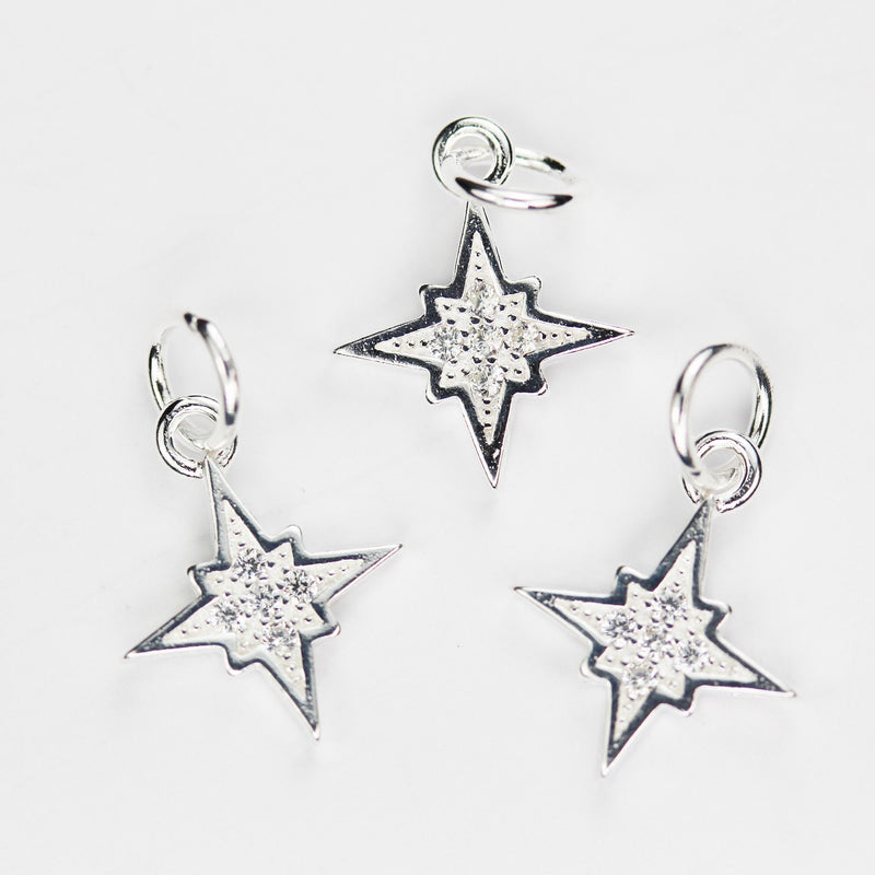 2pcs 925 Sterling Silver w/Cubic Zirconia Jewellery findings Charm Beads ,Star charm, 11mm, 5mm closed jump ring