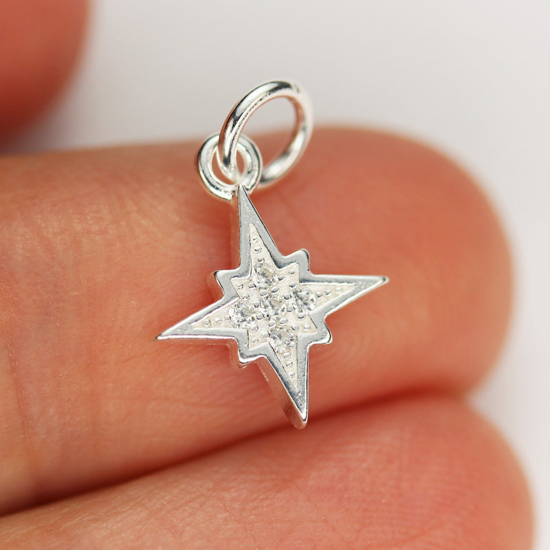 2pcs 925 Sterling Silver w/Cubic Zirconia Jewellery findings Charm Beads ,Star charm, 11mm, 5mm closed jump ring