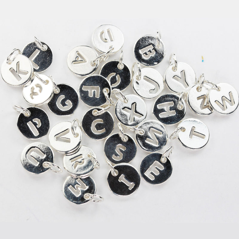 letter charms 1pc 925 Sterling Silver letter Charms,Silver Findings for  Necklace, Bracelet,10mm with 6mm Closed Jump Ring
