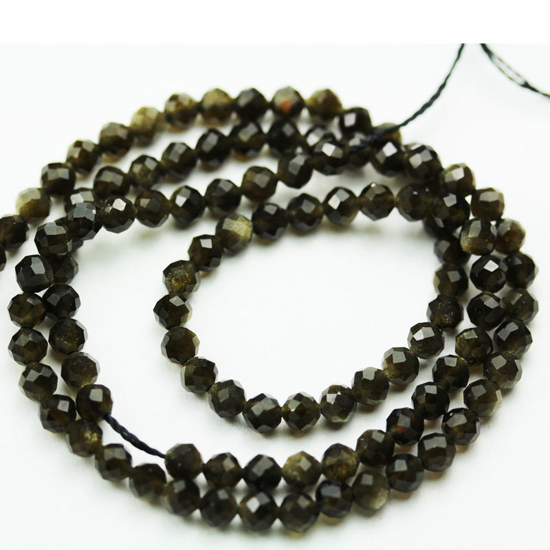 Natural Golden Obsidian,3mm Faceted Round Natural Gemstone Beads, 15.5 inch , 0.6mm hole
