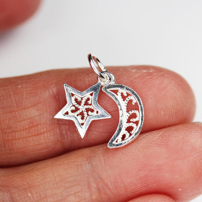 Silver charm 2pcs 925 sterling silver jewelry findings moon and star charm, 12mm moon and 10mm star, 6mm closed jump ring