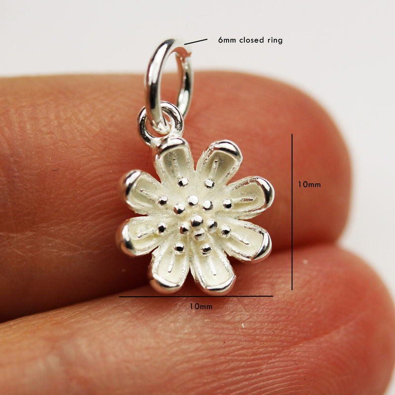 Charms 2pcs 925 Sterling Silver Jewellery findings Charm Beads , 10mm Flower Charms, 6mm jump ring