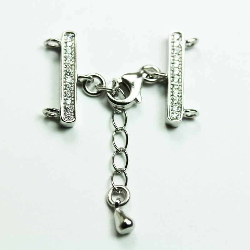 Silver clasp 1pc 925 Sterling Silver w/Cubic zirconia Jewellery findings 2-strand hook-and-eye, Clasp9*5mm,Bar15*3mm
