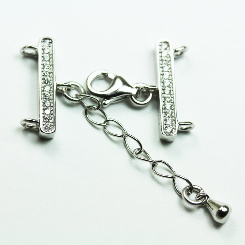 Silver clasp 1pc 925 Sterling Silver w/Cubic zirconia Jewellery findings 2-strand hook-and-eye, Clasp9*5mm,Bar15*3mm