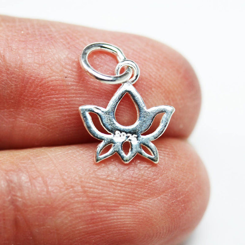 Silver Charm 4pcs 925 Sterling Silver Jewellery findings Lotus Charm Beads , 12*11mm Lotus Flower,6mm Closed jump ring