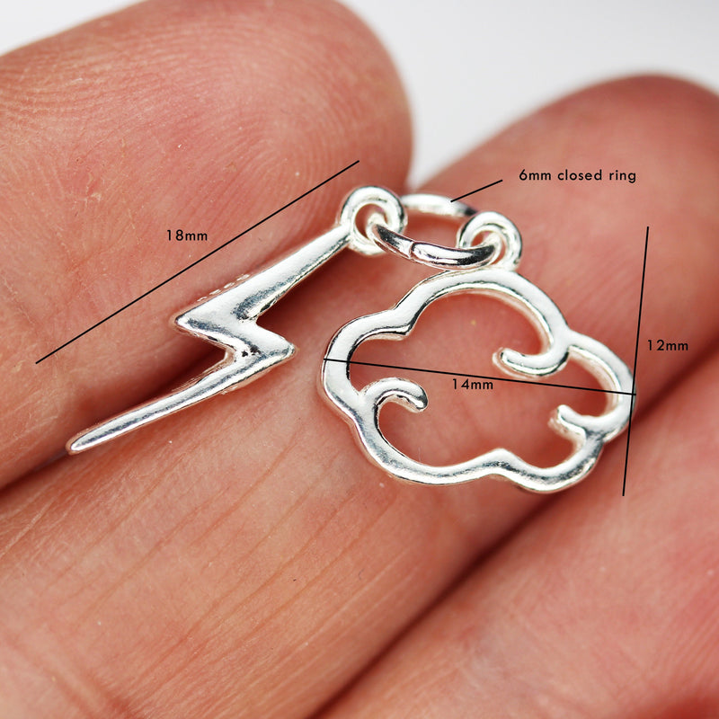 Silver Charm 2pcs 925 Sterling Silver Jewellery Findings Charm Beads, 14*10mm Cloud Charm, 16mm Lighting  Charm, 6mm Closed Jump Jing