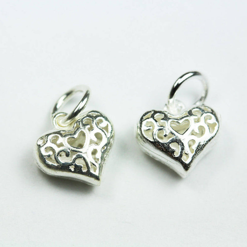 Charms 2pcs 10*8.5mm Filigree Heart 925 Sterling Silver Jewellery findings Charm Beads , Heart pendant