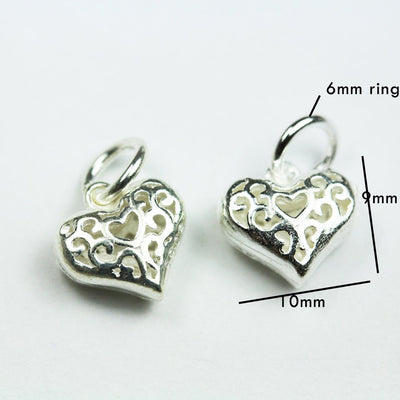 Charms 2pcs 10*8.5mm Filigree Heart 925 Sterling Silver Jewellery findings Charm Beads , Heart pendant