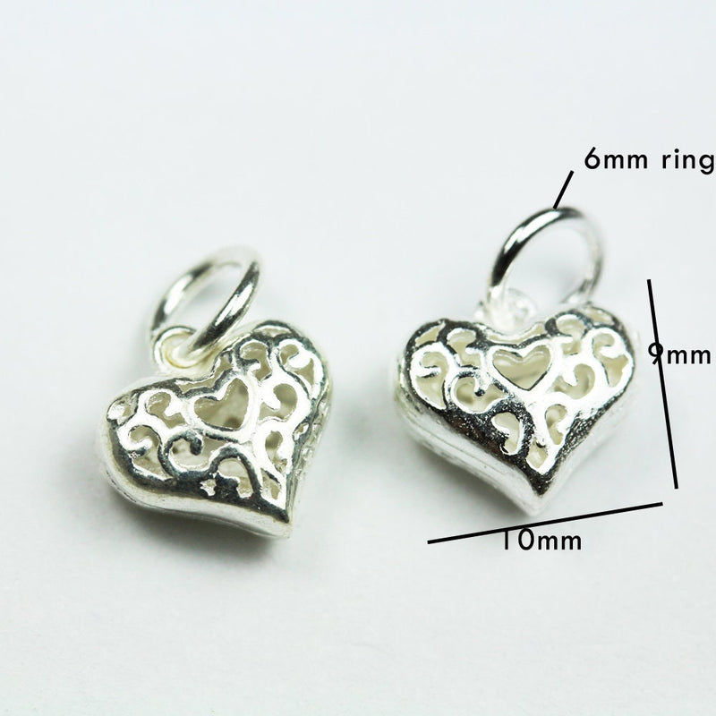 Charms 2pcs 10*8.5mm Filigree Heart 925 Sterling Silver Jewellery findings Charm Beads , Heart pendant