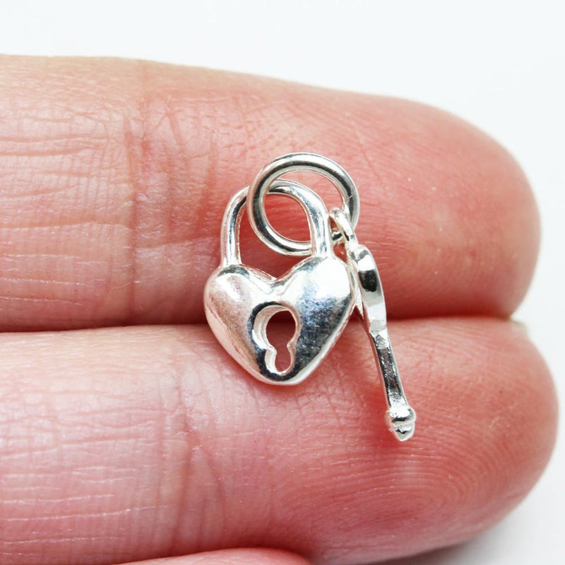Charm 2sets Key and Heart Lock 925 Sterling Silver Jewellery findings Charm Beads ,For Valentine Necklace, 8mm Heart charm