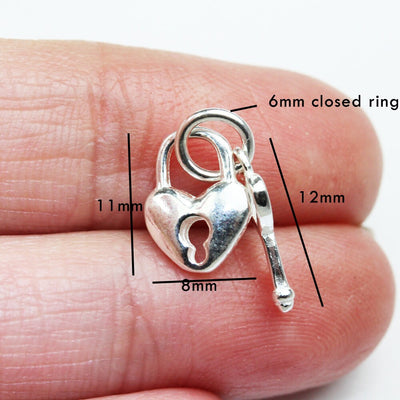 Charm 2sets Key and Heart Lock 925 Sterling Silver Jewellery findings Charm Beads ,For Valentine Necklace, 8mm Heart charm