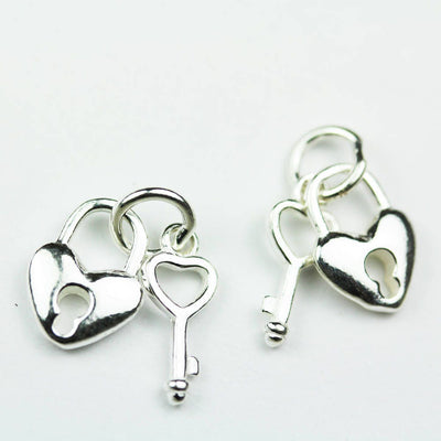 Charm 2sets Key and Heart Lock 925 Sterling Silver Jewellery findings Charm Beads ,For Valentine Necklace, 8mm Heart charm