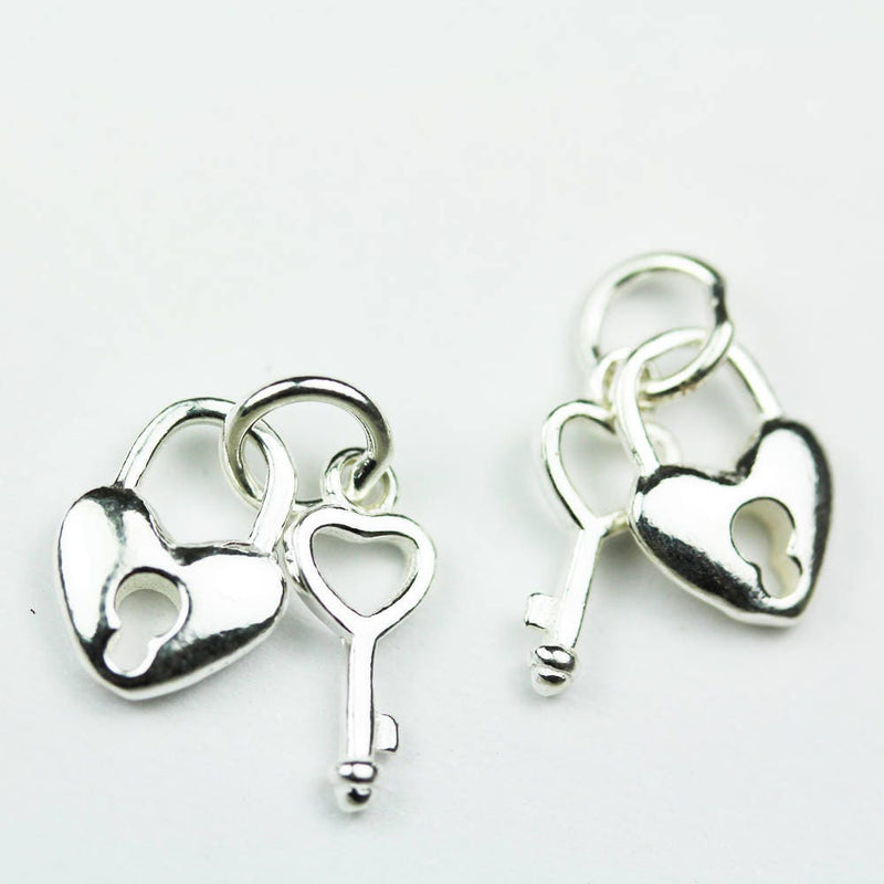 Charm 2sets Key and Heart Lock 925 Sterling Silver Jewellery findings Charm Beads ,For Valentine Necklace, 8mm Heart charm