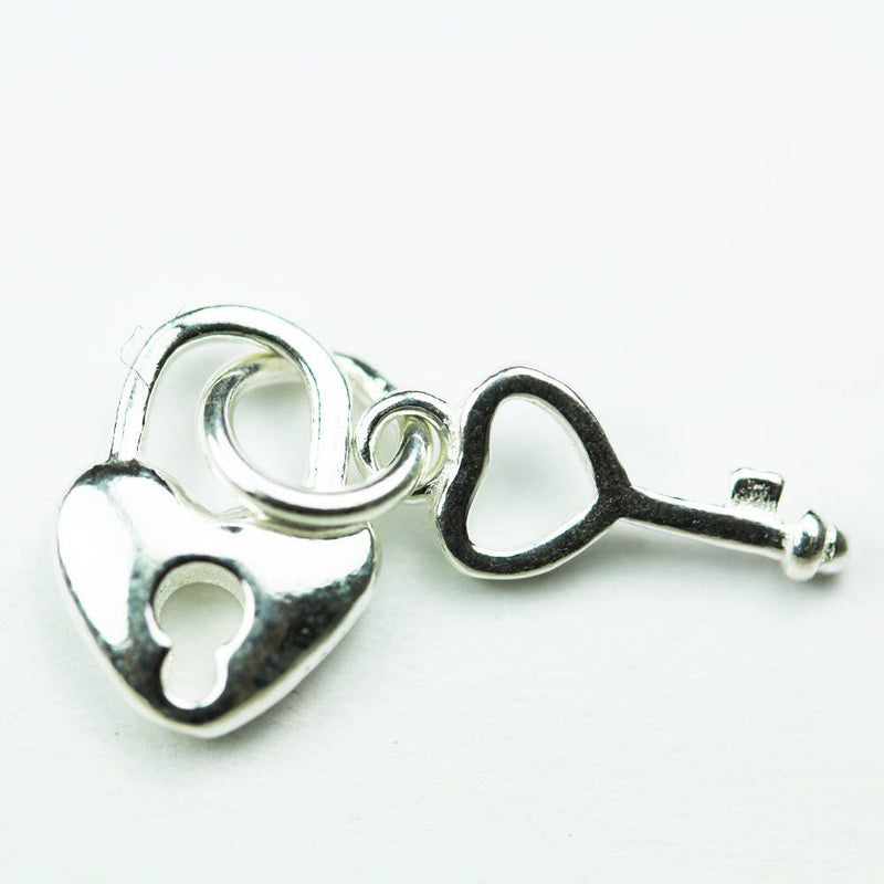 Charm 2sets Key and Heart Lock 925 Sterling Silver Jewellery findings Charm Beads ,For Valentine Necklace, 8mm Heart charm