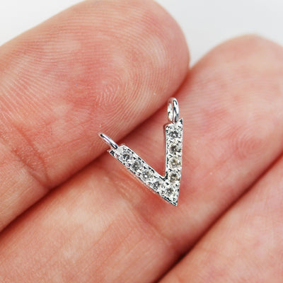 2pcs 925 Sterling Silver with Cubic Zirconia Jewellery findings Pendant/Charm Beads , "V" charm, 10*11mm, with 2 closed 1mm Ring