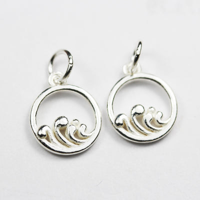 Silver Charm 2pcs 925 Sterling Silver Jewellery findings Charm Beads , 12mm Wave Charm, 6mm ring
