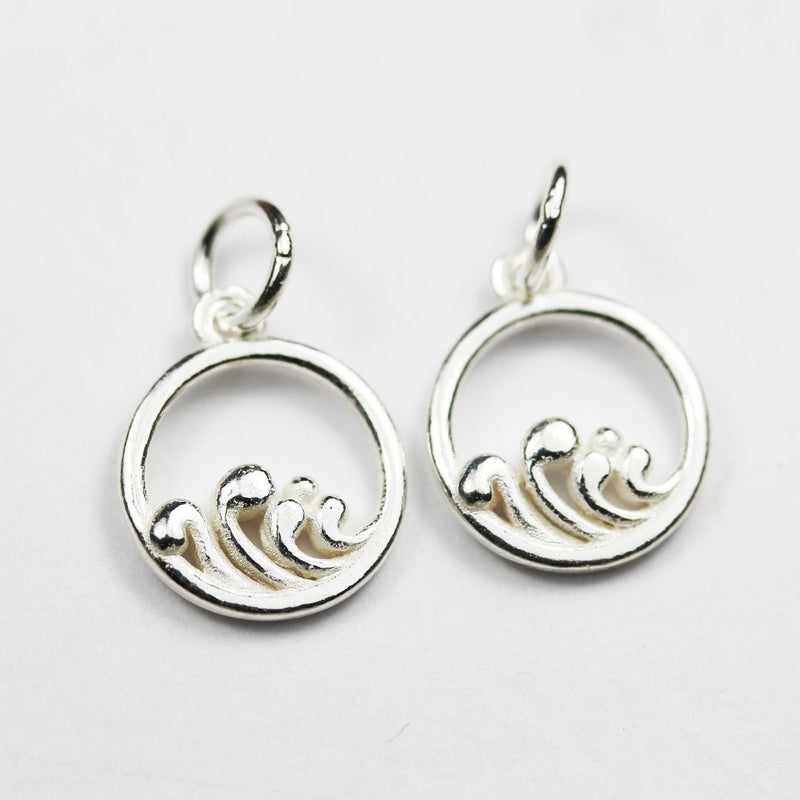 Silver Charm 2pcs 925 Sterling Silver Jewellery findings Charm Beads , 12mm Wave Charm, 6mm ring