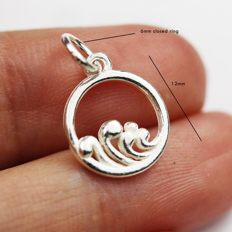 Silver Charm 2pcs 925 Sterling Silver Jewellery findings Charm Beads , 12mm Wave Charm, 6mm ring