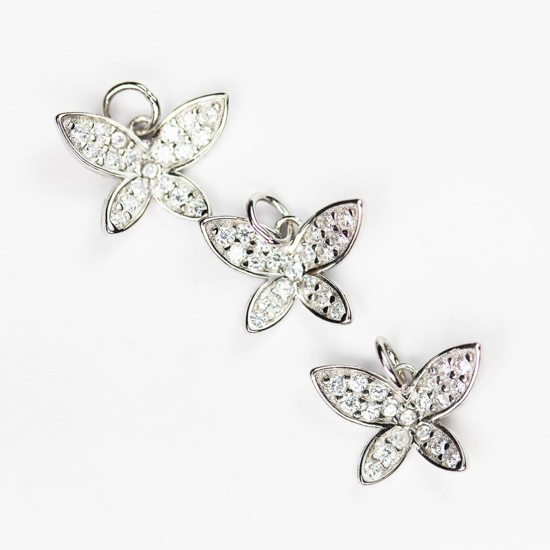 Silver Charm 2pcs 925 Sterling Silver with Cubic Zirconia Jewellery Findings Charm Beads ,Butterfly Charm, 8*11mm with 6mm Closed Jump Ring