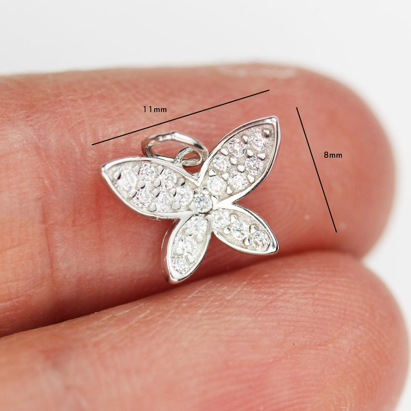 Silver Charm 2pcs 925 Sterling Silver with Cubic Zirconia Jewellery Findings Charm Beads ,Butterfly Charm, 8*11mm with 6mm Closed Jump Ring
