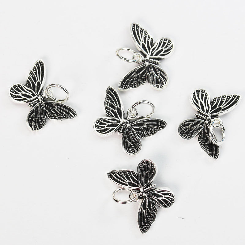 Charm 2pcs Antique 925 Sterling Silver Jewellery findings Butterfly Charm Beads , Butterfly Pendant, 13*16mm, 6mm Closed Jump Ring