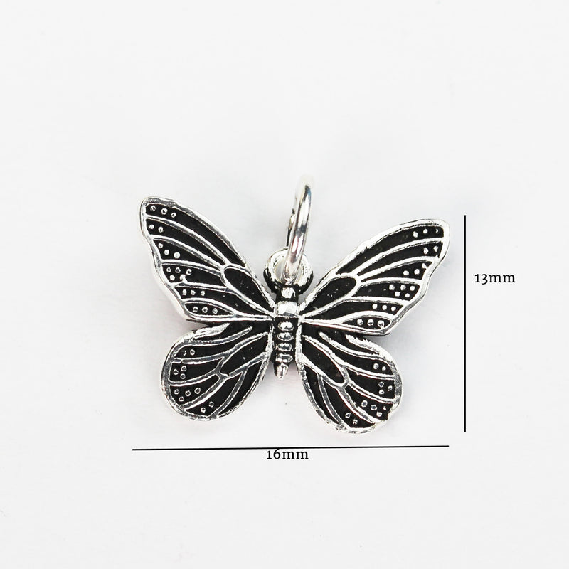 Charm 2pcs Antique 925 Sterling Silver Jewellery findings Butterfly Charm Beads , Butterfly Pendant, 13*16mm, 6mm Closed Jump Ring