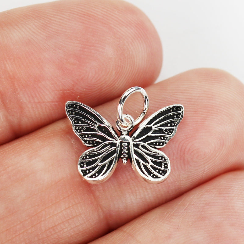 Charm 2pcs Antique 925 Sterling Silver Jewellery findings Butterfly Charm Beads , Butterfly Pendant, 13*16mm, 6mm Closed Jump Ring