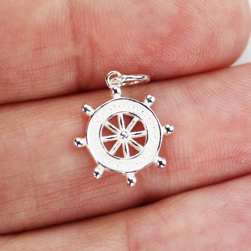 Silver Charm 2pcs 13*14mm Ship Wheel Charms 925 Sterling Silver Jewellery findings Charm Beads, 6mm Closed Jump Ring