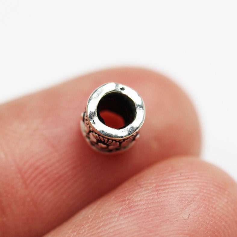 4pcs Big hole Antiqued 925 Sterling Silver Jewellery findings Filigree Tube Beads, 6*6.5mm, hole 4mm