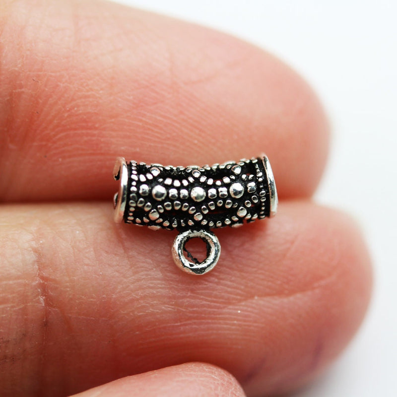 Connector Beads 4pcs Antiqued 925 Sterling silver jewellery Findings ,10*4mm filigree round tube with loop,1.5mm hole,1mm loop