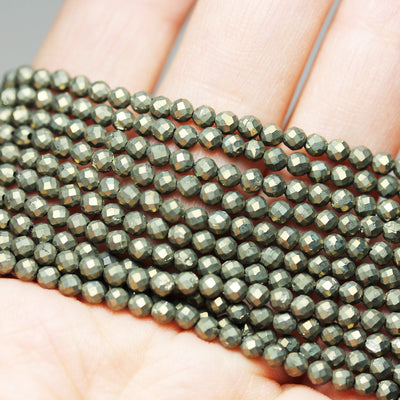 Pyrite,3mm Faceted Round Gemstone Bead, One full Strand Natural Gemstone, 16inch,0.6mm hole