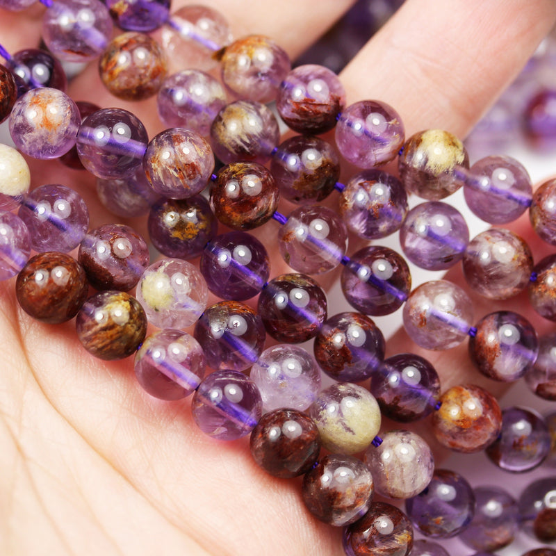 Super seven - 8mm Genuine Cacoxenite amethyst ,Round  Gemstone Beads One full strand,about 50pcs beads , 15.5"