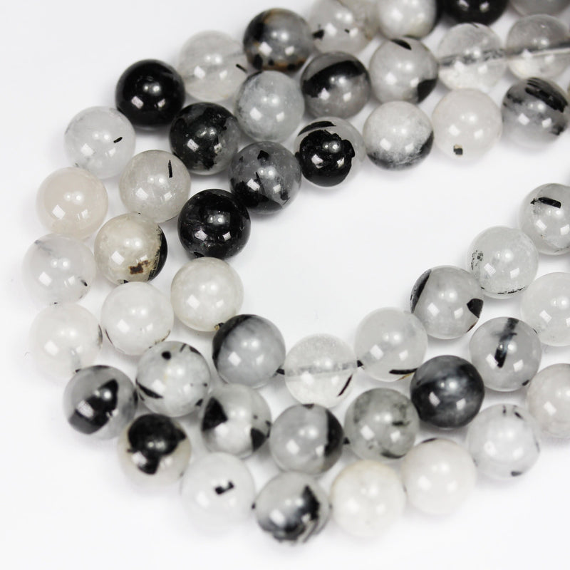 8mm Black Rutilated Quartz,Round  Gemstone, One full strand, Clear/ Grey&Black, hole 1mm,16"