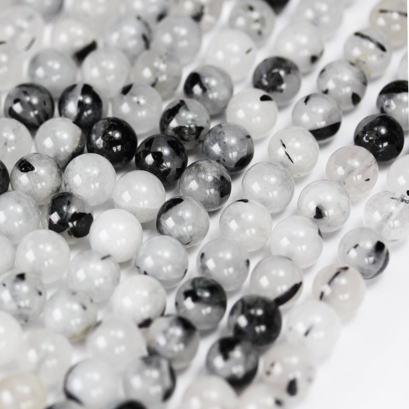 8mm Black Rutilated Quartz,Round  Gemstone, One full strand, Clear/ Grey&Black, hole 1mm,16"