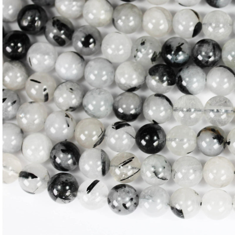8mm Black Rutilated Quartz,Round  Gemstone, One full strand, Clear/ Grey&Black, hole 1mm,16"