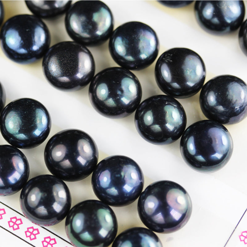 Freshwater Pearl, 10-11mm AAA Half Drilled Black Color, Button Round Pearl Studs ,for Making earring/Ring , hole 1mm