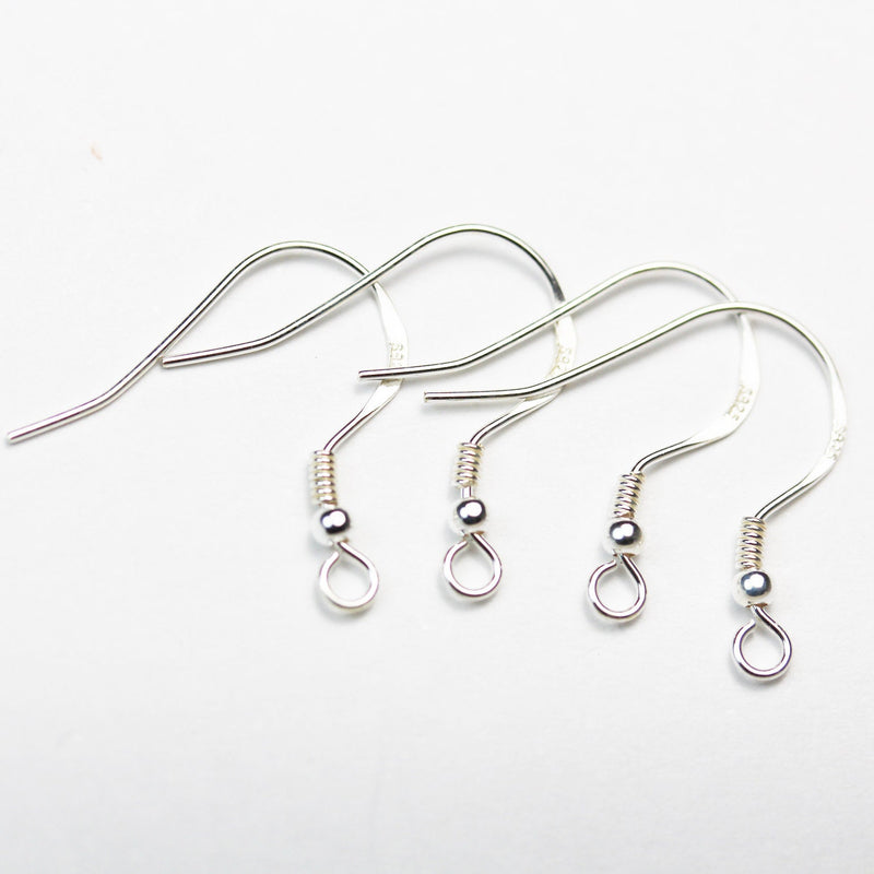 French Earrings 6pcs Jewellery Findings Earwire Sterling Silver, 12mm flat fishhook with 2mm coil, 2mm ball