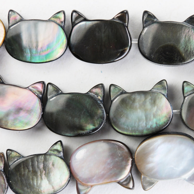 5pcs Natural Black Mother of Pearl Shell Cat Head Beads, 10*8mm side drilled cat shape ,  1mm hole