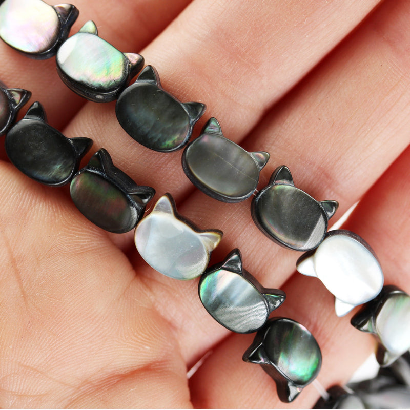 5pcs Natural Black Mother of Pearl Shell Cat Head Beads, 10*8mm side drilled cat shape ,  1mm hole