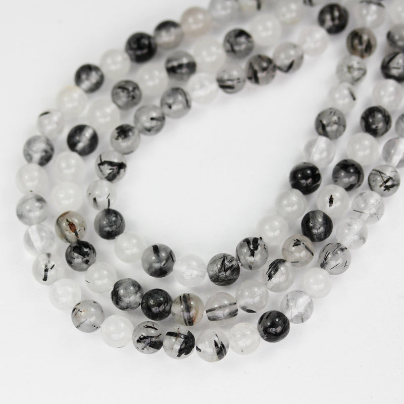 4mm black rutilated quartz, Round  gemstone, one full strand, clear/ grey& black, hole 0.6mm,16"