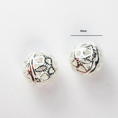 4pcs 6mm 925 Sterling Silver Jewellery Findings Filigree Ball Round Beads Spacers, Hole 1mm