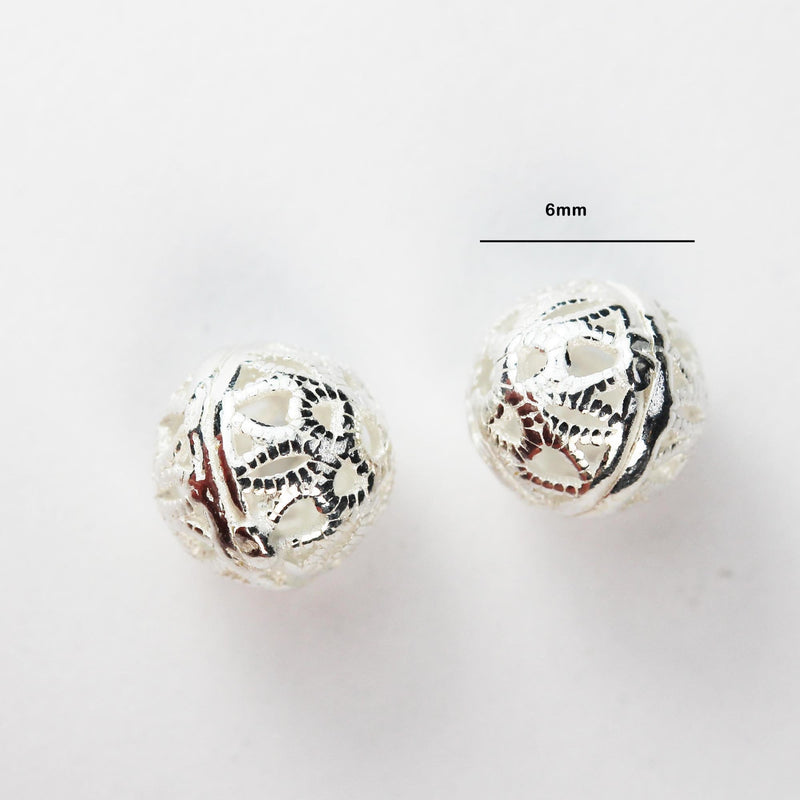 4pcs 6mm 925 Sterling Silver Jewellery Findings Filigree Ball Round Beads Spacers, Hole 1mm