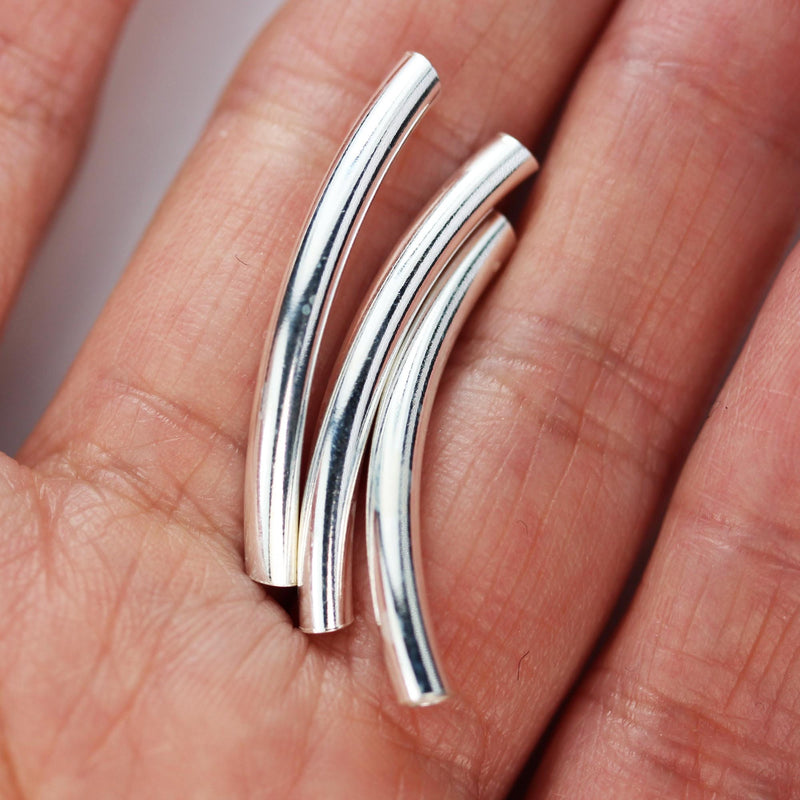 Silver Tube Beads 2pcs 30mm Long 3mm Diameter 925 Sterling Silver Jewellery Findings Curved Tube Beads, Hole 2mm