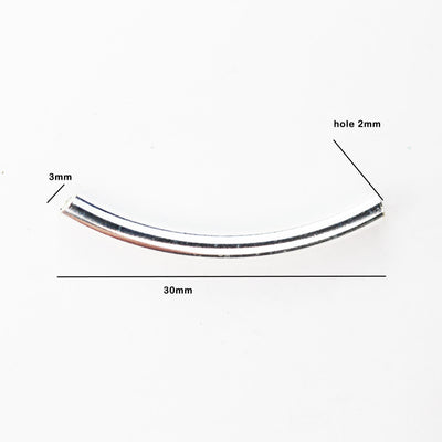 Silver Tube Beads 2pcs 30mm Long 3mm Diameter 925 Sterling Silver Jewellery Findings Curved Tube Beads, Hole 2mm