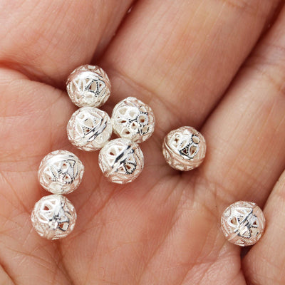 4pcs 6mm 925 Sterling Silver Jewellery Findings Filigree Ball Round Beads Spacers, Hole 1mm