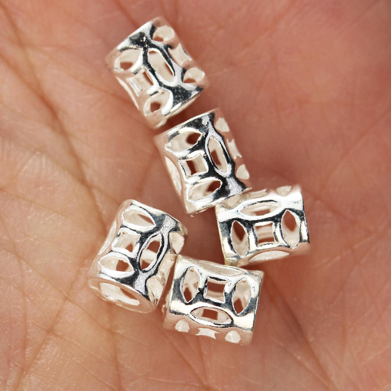 Silver Filigree Tube Beads 4pcs 7*5mm 925 Sterling Silver Jewellery Findings Tube Beads, Hole 2.5mm