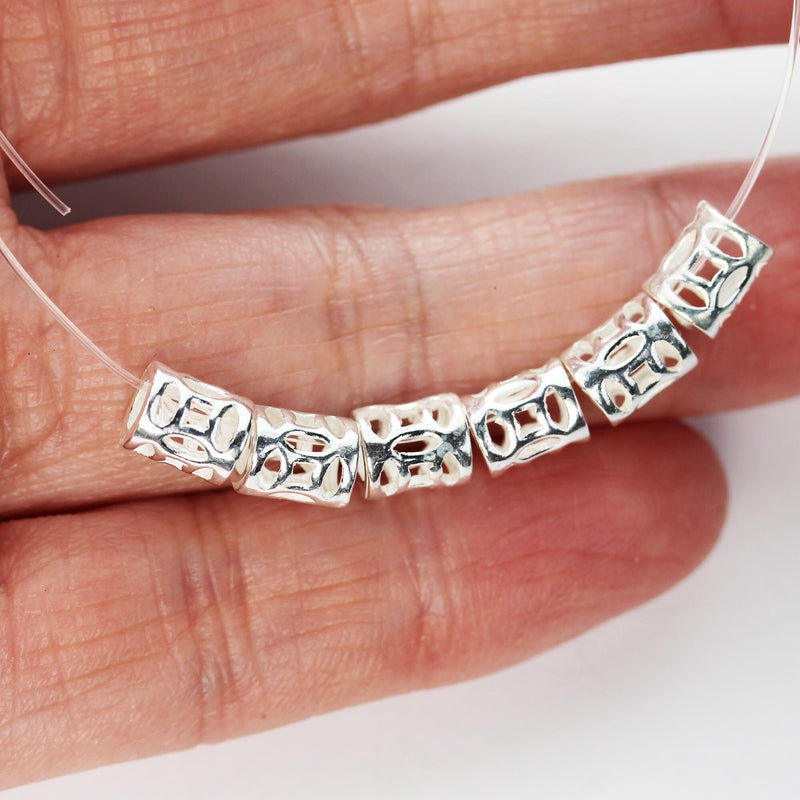 Silver Filigree Tube Beads 4pcs 7*5mm 925 Sterling Silver Jewellery Findings Tube Beads, Hole 2.5mm