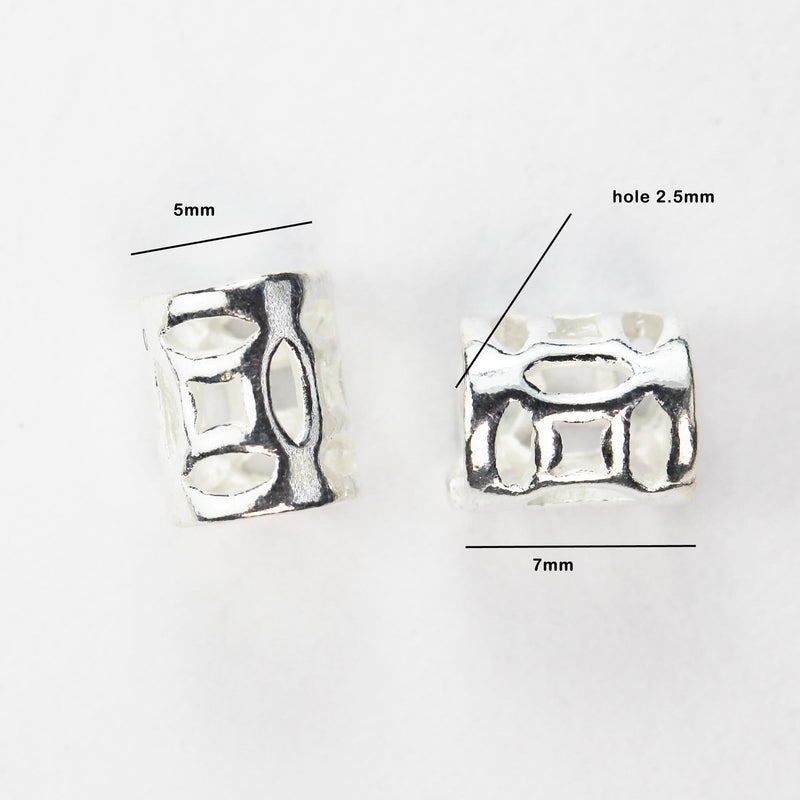 Silver Filigree Tube Beads 4pcs 7*5mm 925 Sterling Silver Jewellery Findings Tube Beads, Hole 2.5mm