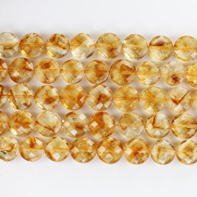 Citrine, 11mm Faceted Coin Round Gemstone, Vintage Rock Stone, Hole 1mm, 15.5inches, 36 Beads