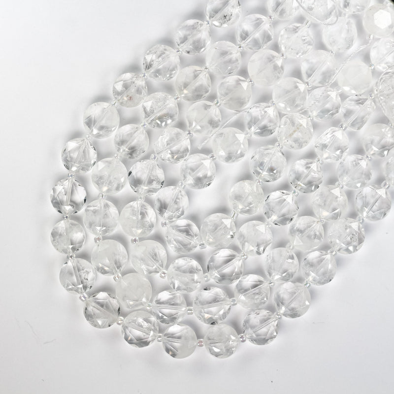 Natural Clear Quartz, 12mm Faceted Coin Round Gemstone, Vintage Rock Stone, Hole 1mm, 15.5inches, 28 Beads